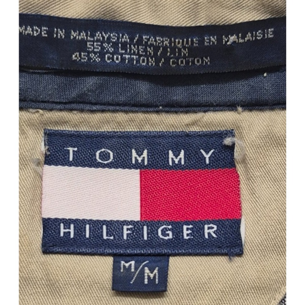 VTG‎ Tommy Hilfiger men's tan striped LS button up shirt logo/pocket Linen Blend - Picture 6 of 12